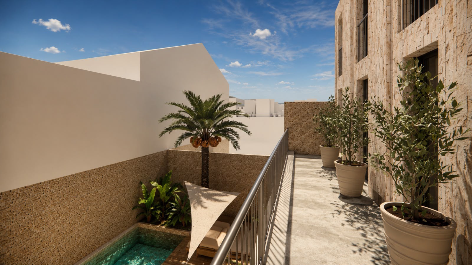 Perspective 3D d’une terrasse haute donnant sur le patio d’une maison à Bordeaux – shtëpi