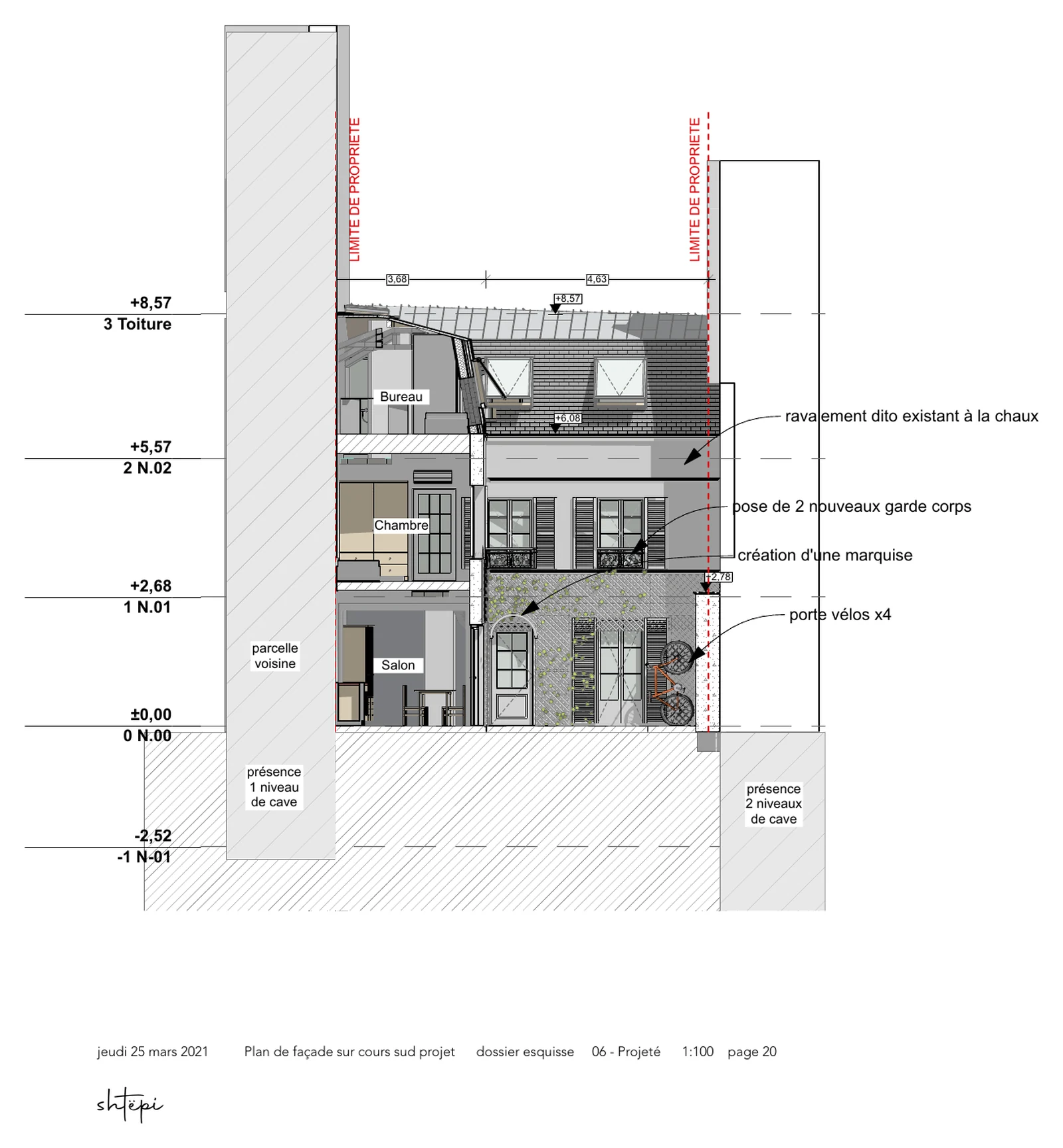 Façade sur cour du projet de restructuration