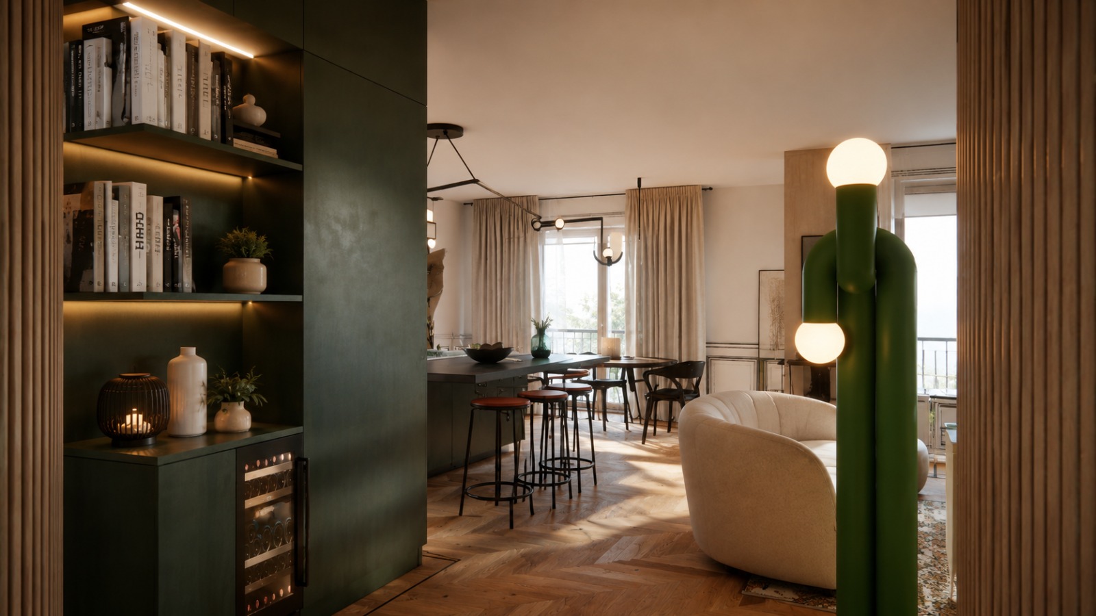 Cuisine ouverte vert profond avec îlot central et habillage mural en tasseaux de bois à Saint-Cloud – shtëpi
