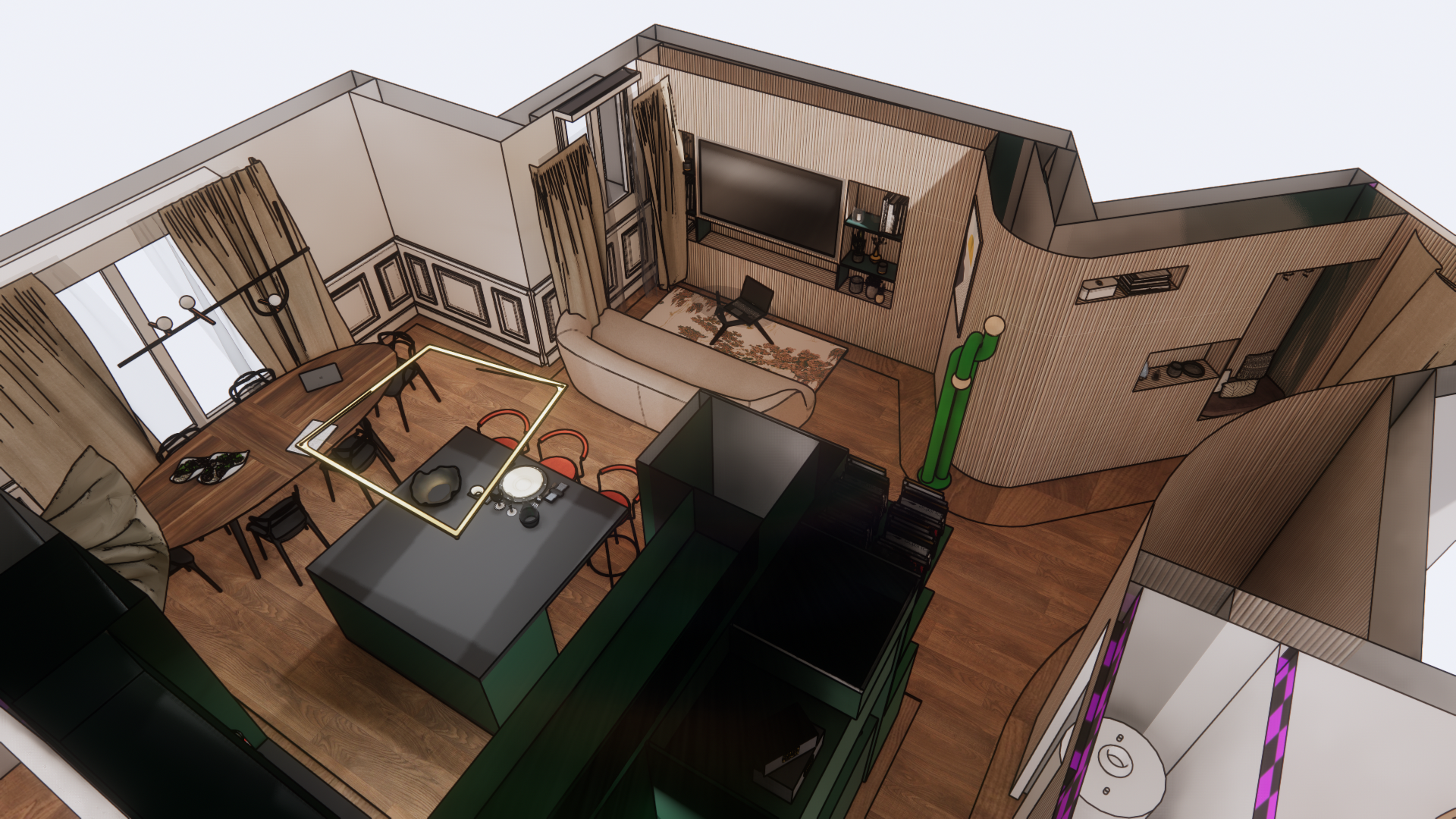 Vue 3D du projet d’aménagement intérieur d’un appartement à Saint-Cloud – shtëpi